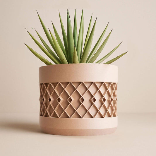 Freigestelltes großes Pflanzgefäß in Beige mit Aztekenmuster, bepflanzt mit einer Aloe, vor neutralem Hintergrund.