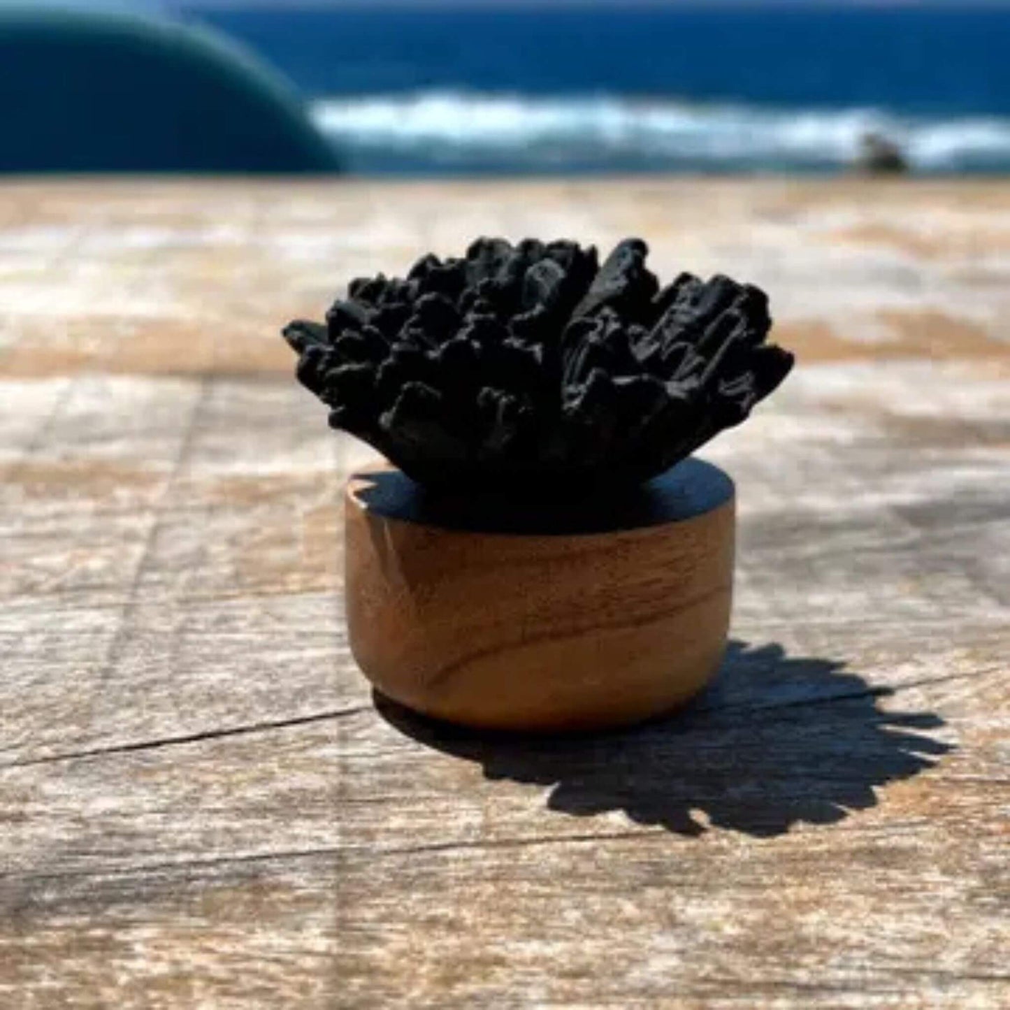 Schwarze Blume auf rundem Holzsockel als Duftdiffusor auf Holztisch mit Meer im Hintergrund.