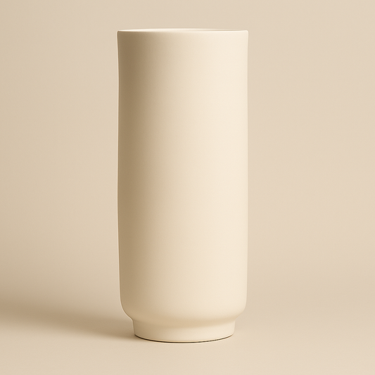Hohe, zylindrische Vase aus hellem Steingut, schlicht und unglasiert.