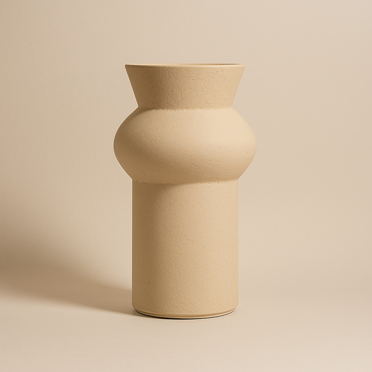 Zylindrische Vase in cremefarben mit bauchiger Mitte und strukturierter Oberfläche.
