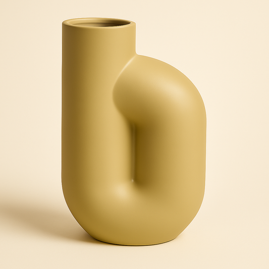 Cremefarbene Vase mit geschwungener, seitlich gebogener Form auf hellem Hintergrund.
