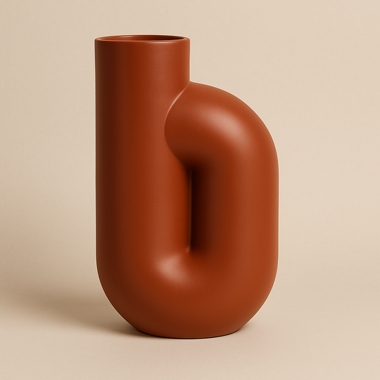 Terrakotta Vase mit geschwungener, seitlich gebogener Form auf hellem Hintergrund.