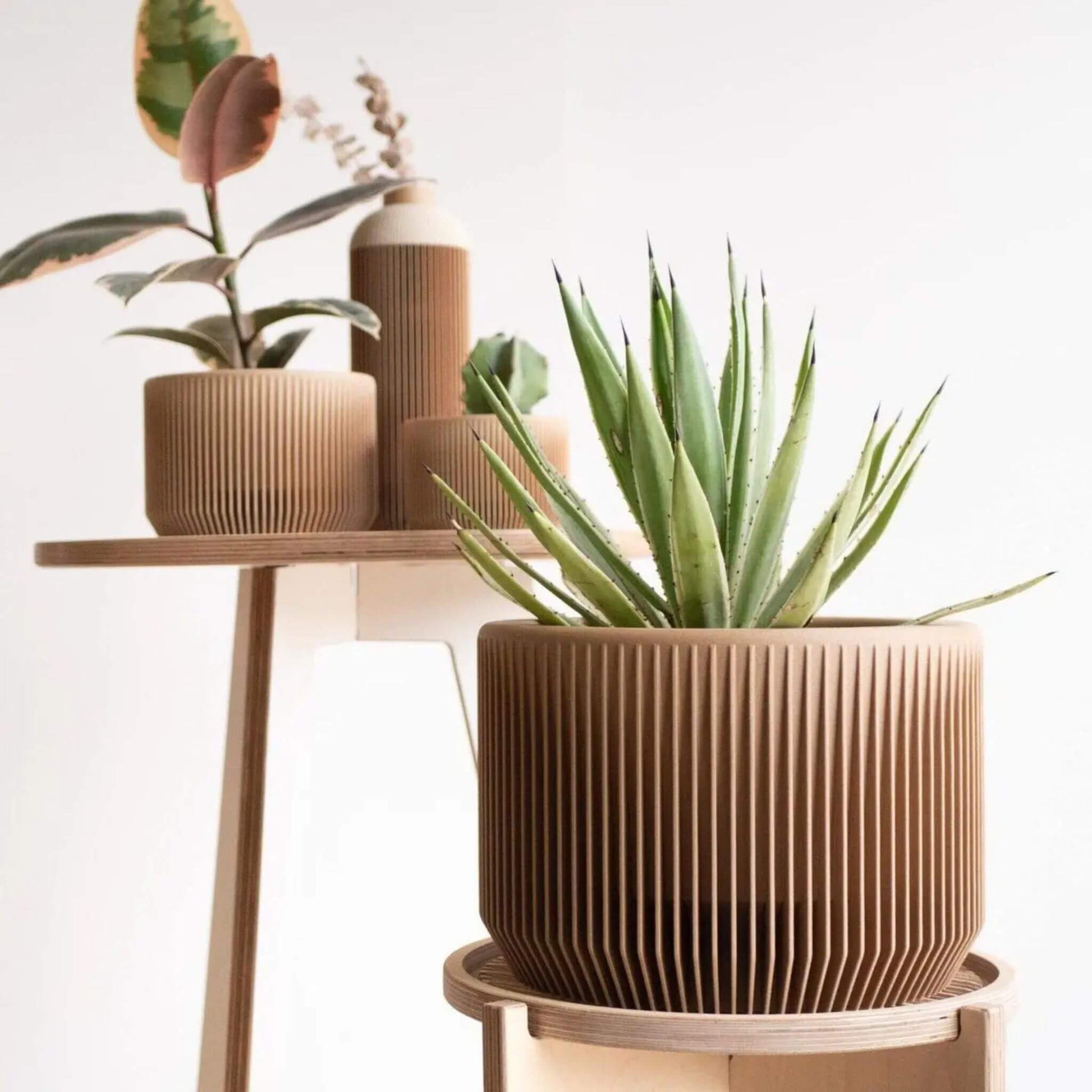 Großer Pflanzkübel PRAHA aus Holz mit vertikaler Rillenstruktur, bepflanzt mit Aloe, auf hellem Holzständer.