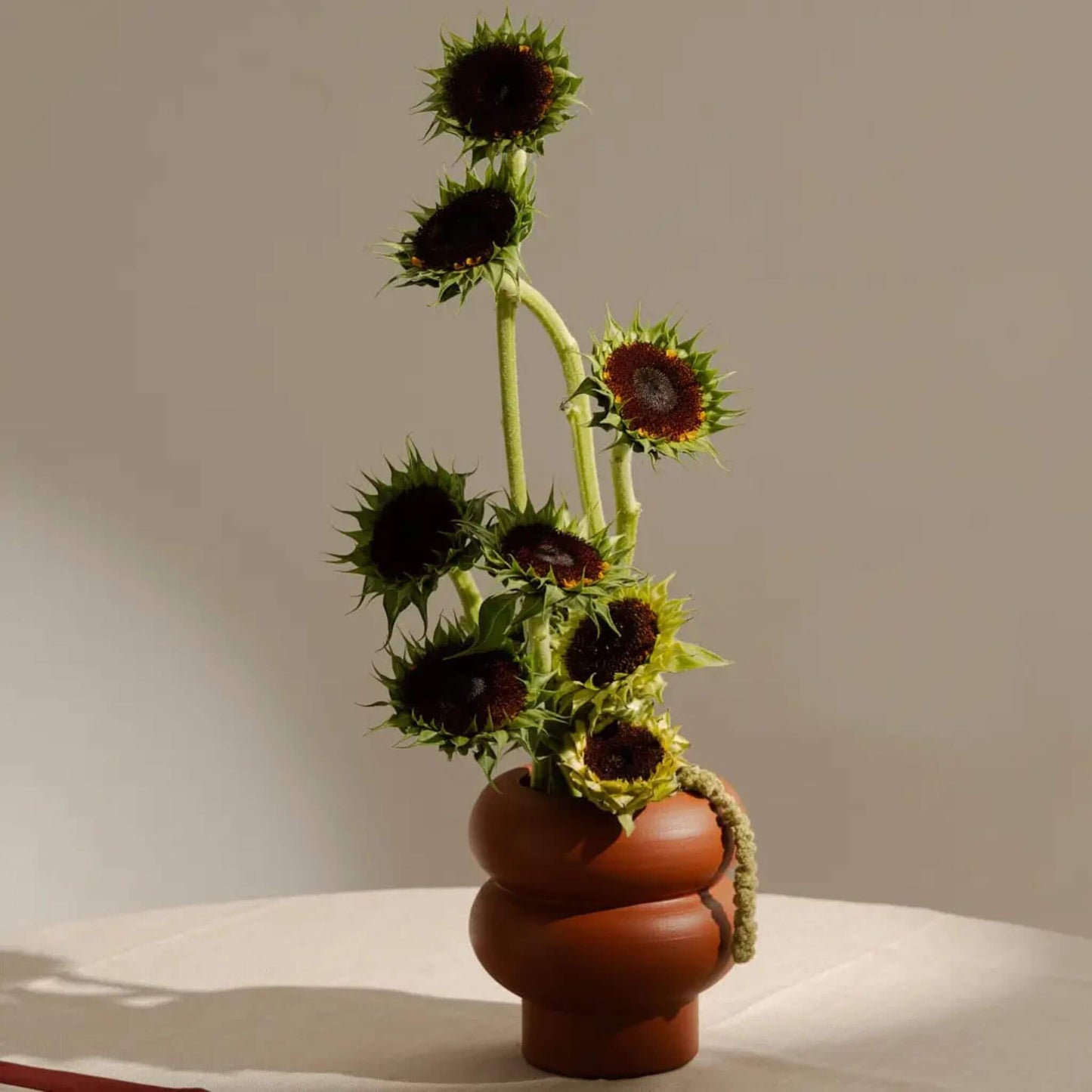 Kleine Terrakotta-Vase mit Sonnenblumen auf rundem Tisch arrangiert.