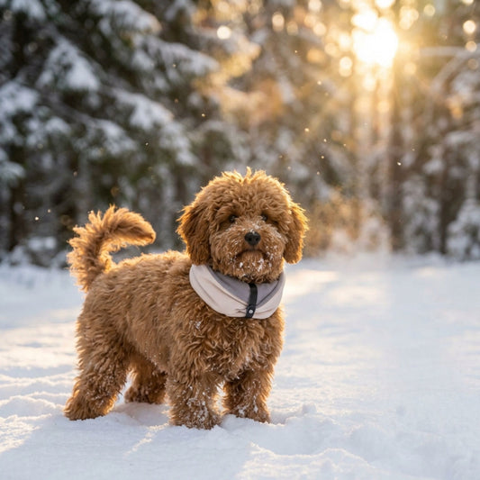Hund mit Halswärmer im Schnee, winterlicher Hundeschal gegen Kälte