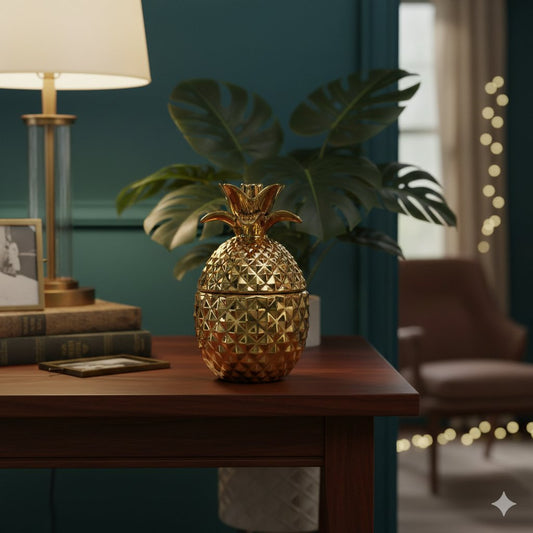 Goldene Keramik Ananasbox dekorativ auf Tisch im Wohnzimmer