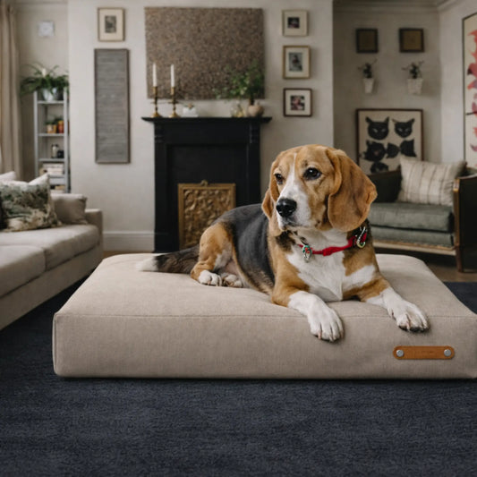 Beagle liegt entspannt auf einem beigen Hundekissen