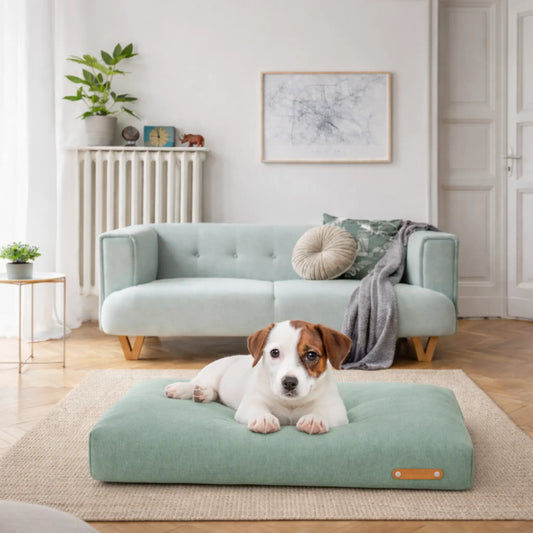 Kleiner Hund liegt entspannt auf einem mintgrünen Hundekissen