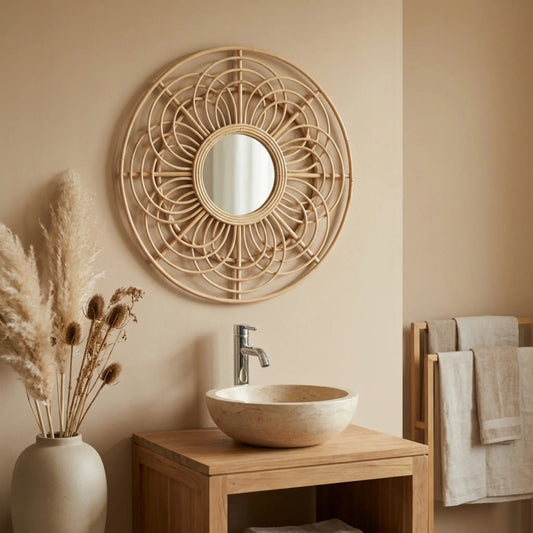 Runder Rattanspiegel im Boho-Stil über Holzwaschtisch mit Natursteinbecken