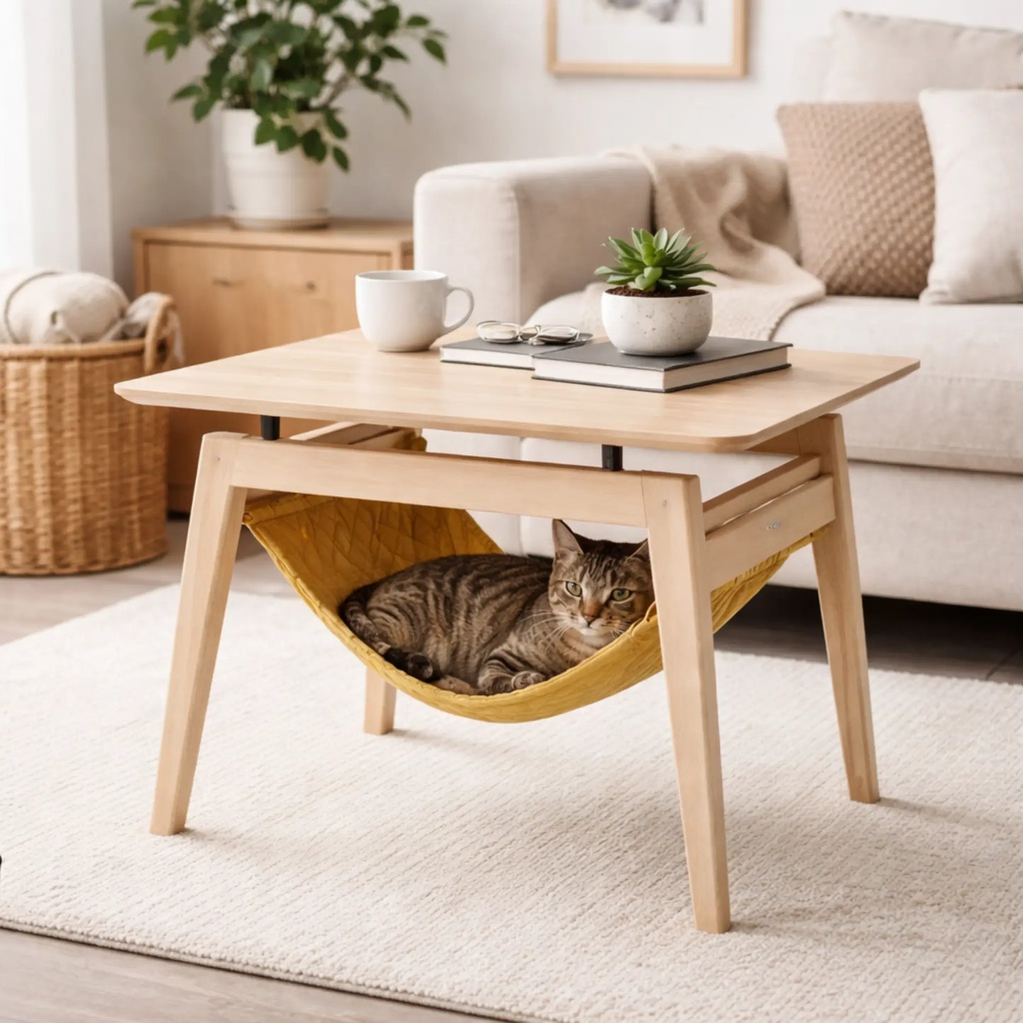 Tisch Kikko mit Katzenbett, Katze liegt entspannt in der integrierten Hängematte unter dem Tisch