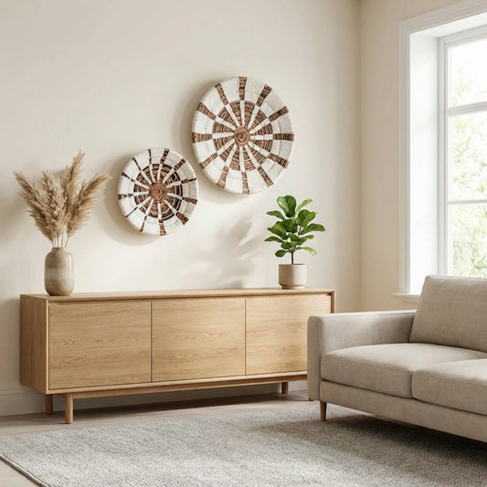 Wandbild Hutan aus Bananenfaser im Scandi Wohnzimmer über Holzsideboard