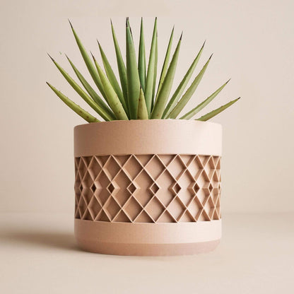 Freigestelltes großes Pflanzgefäß in Beige mit Aztekenmuster, bepflanzt mit einer Aloe, vor neutralem Hintergrund.