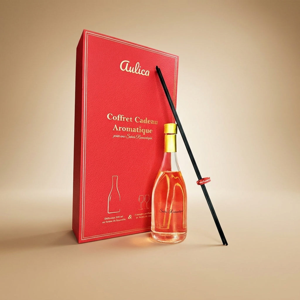 Aulica rote Geschenkbox mit goldener Aufschrift, daneben Diffusor in Weinflaschenform mit schwarzem Reedstäbchen