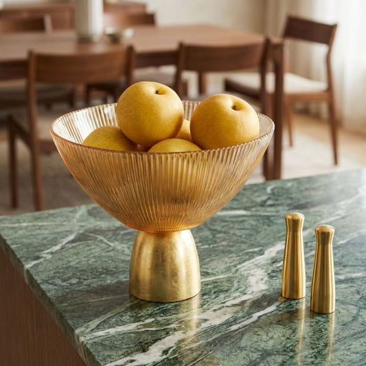 "Bernstein" Glas-Dekoschale mit Goldsockel 22 cm