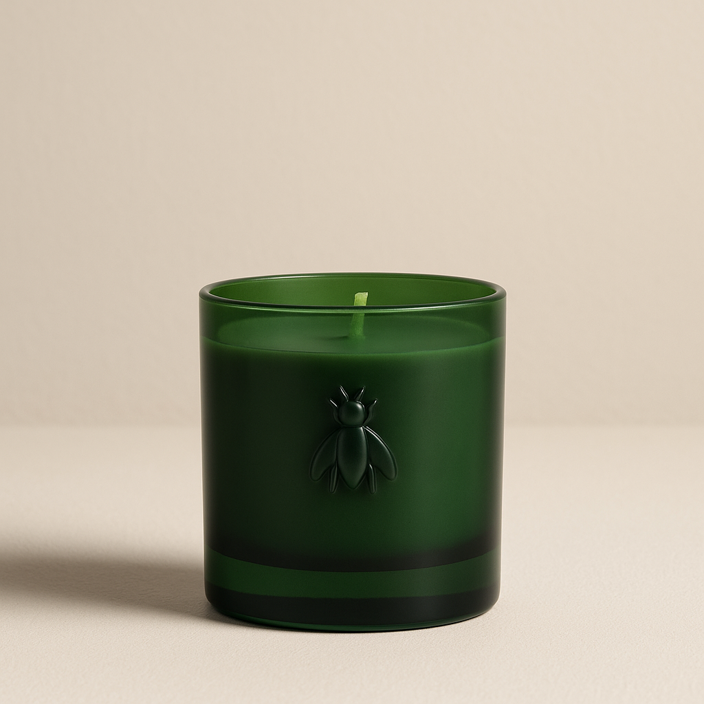 Grüne Duftkerze in schlichtem Glas mit geprägtem Bienensymbol, freigestellt auf weißem Hintergrund.