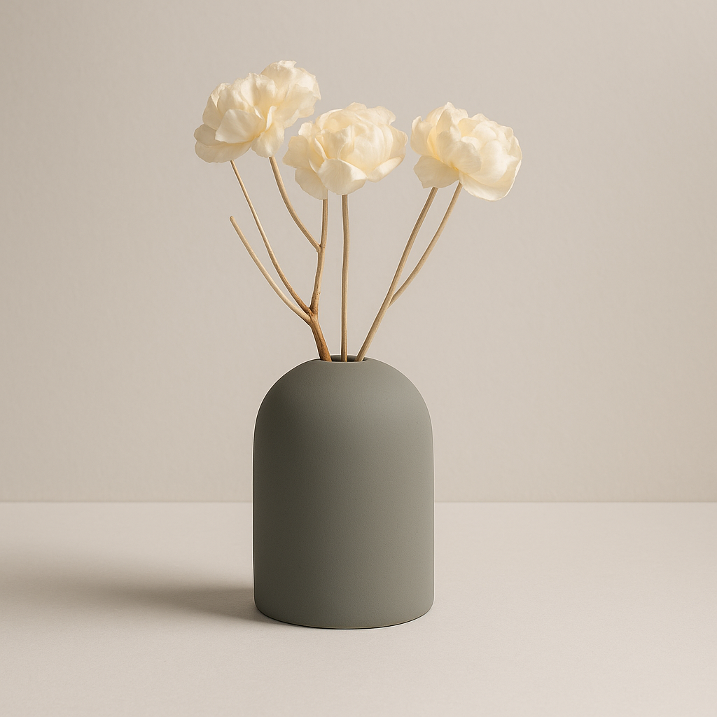 Graue Keramikvase mit weißen Blüten als Duftspender, freigestellt vor weißem Hintergrund.