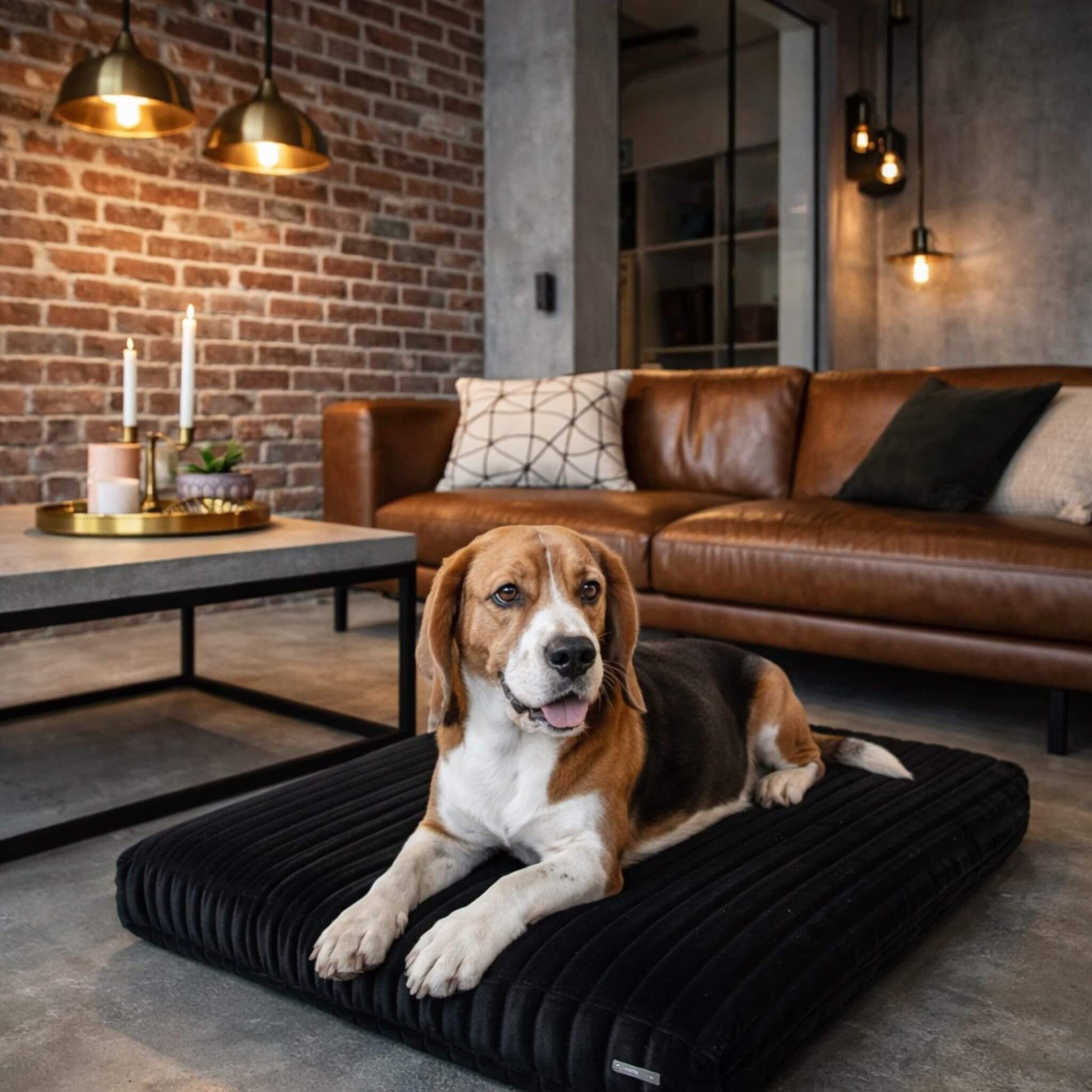 Beagle liegt entspannt auf schwarzem, geripptem Hundekissen in modernem Wohnzimmer mit Ledersofa und Ziegelwand.