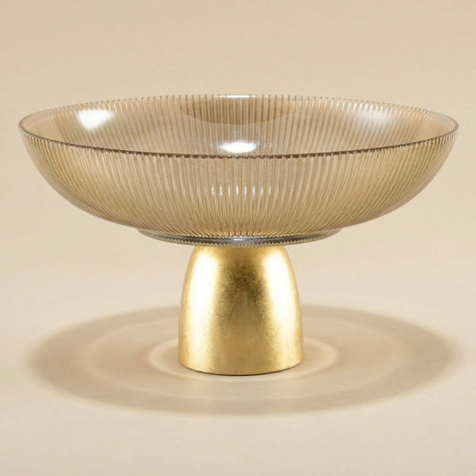 Gerippte Glas-Dekoschale mit Goldsockel 25 cm