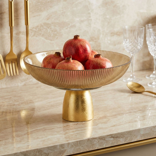 Gerippte Glas-Dekoschale mit Goldsockel 25 cm