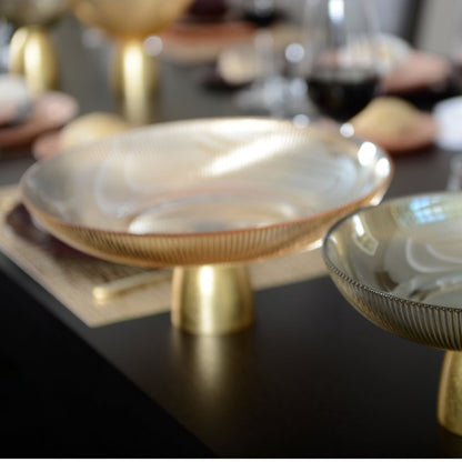 Gerippte Glas-Dekoschale mit Goldsockel 25 cm