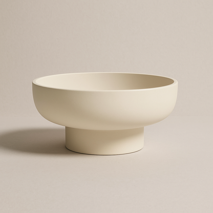Große skulpturale Betonschale in Beige mit rundem Korpus und massivem Fuß, vor weißem Hintergrund.