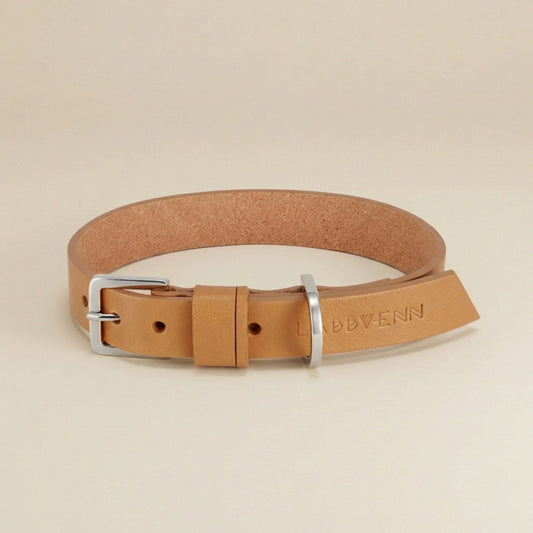 Freigestelltes Leder Hundehalsband in Camel, minimalistisches Hundehalsband aus Echtleder mit Metallschließe