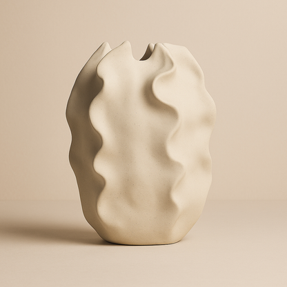 Freigestellte ovale Keramikvase im Boho-Chic-Design, beige mit strukturierter Oberfläche und welligen Formen.