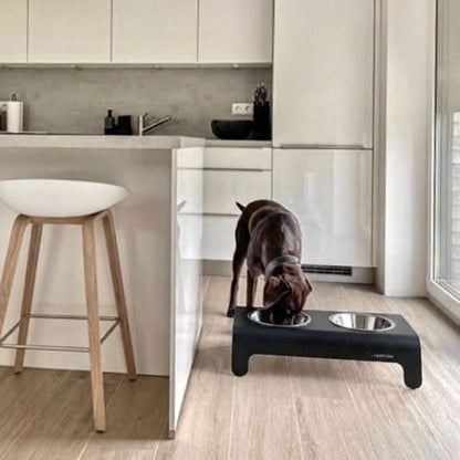 Hund frisst aus einer schwarzen, erhöhten Futterstation mit zwei Edelstahlnäpfen in einer Küche.