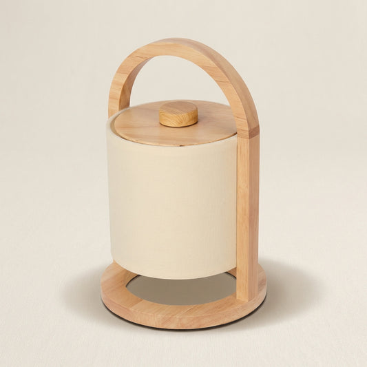 River kabellose Tischlampe aus Holz & Leinen