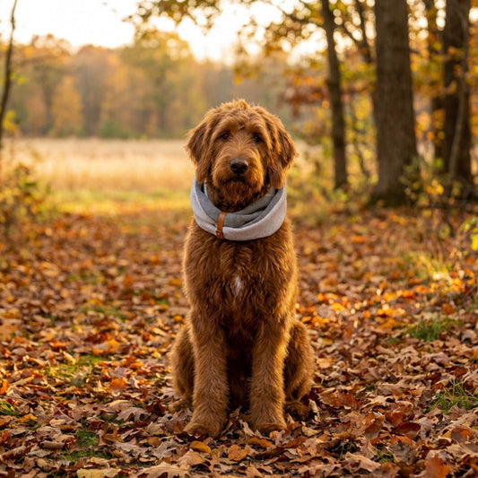 Hund mit Halswärmer im Herbstwald, wärmender Hunde Schal für kalte Tage