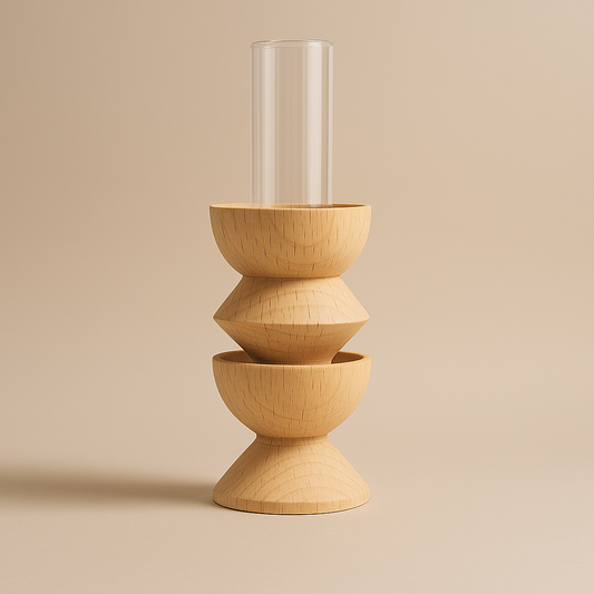 Glasvase im geometrischen Holzständer
