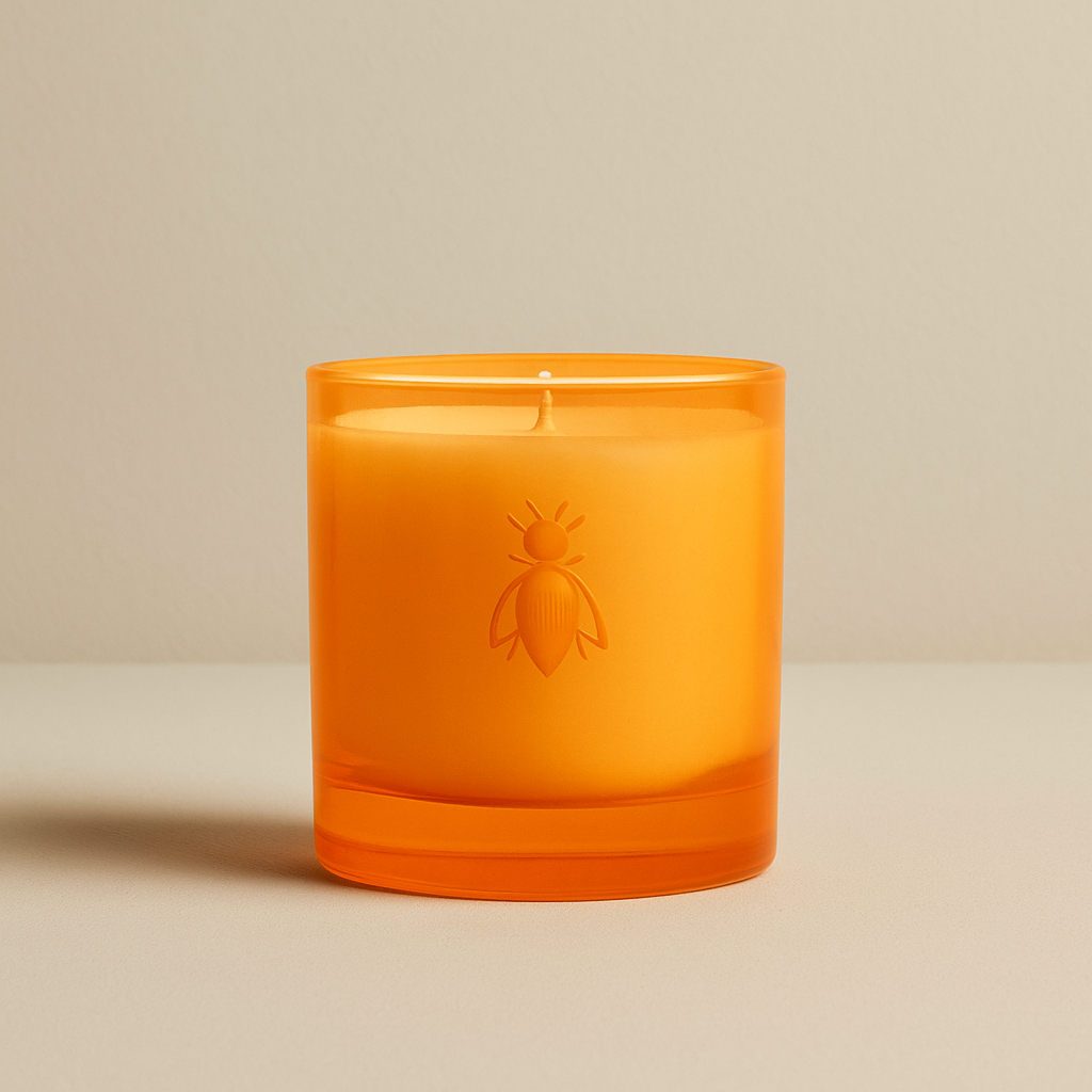 Handgemachte Duftkerze im orangefarbenen Glas mit geprägtem Bienensymbol, freigestellt.