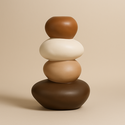 Skulpturale Vase aus Harz in Steinoptik, bestehend aus vier übereinander angeordneten, runden Formen in Braun-, Beige- und Weißtönen.