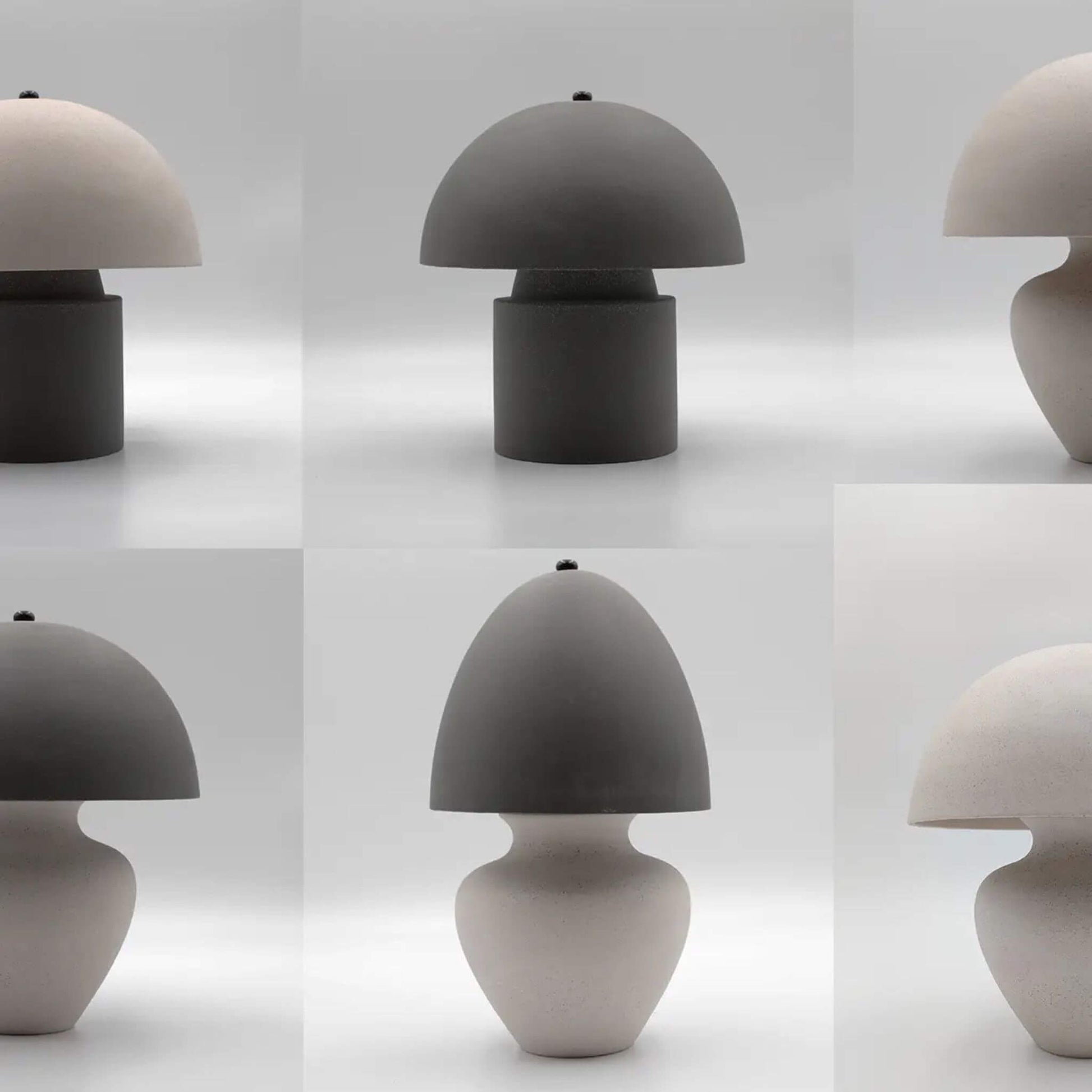 Collage mehrerer Pilzlampen in Schwarz und Weiß