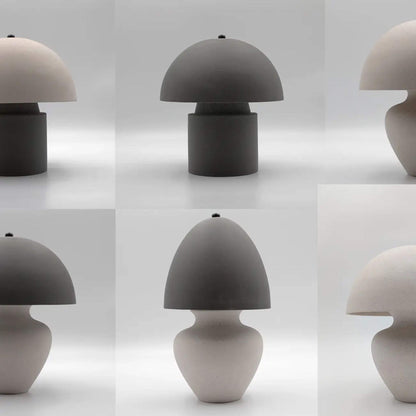 Collage mehrerer Pilzlampen in Schwarz und Weiß