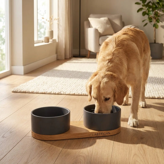 Hund frisst aus modernem Futternapf Vuku in Schwarz mit Holzsockel im Wohnraum