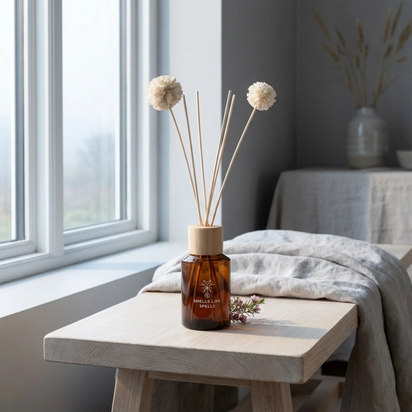 Raumparfum Dellingr mit Holzstäbchen auf heller Holzbank am Fenster im nordischen Morgenlicht