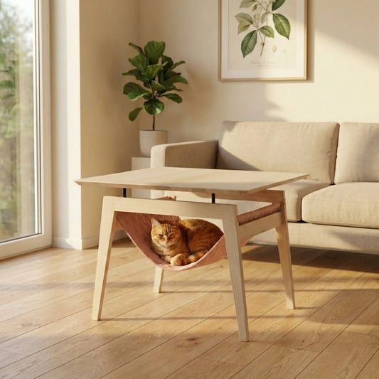 Couchtisch Kikko mit integriertem Katzenbett, Katze liegt im Stoffbett unter dem Tisch im Wohnzimmer.