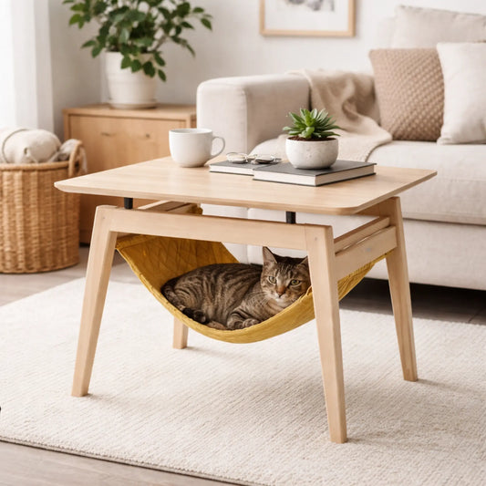Tisch Kikko mit Katzenbett, Katze liegt entspannt in der integrierten Hängematte unter dem Tisch